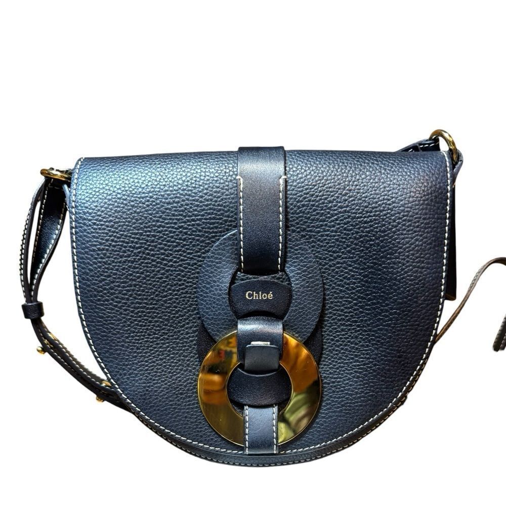 CHLOE Navy Blue Pebbled Leather Small Saddle Darryl Crossbody Bag
